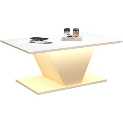 Table basse V-forme blanc 100x50x46cm,plateau brillant avec LED pour salon
