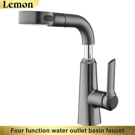 (Gris canon G1/2) Robinet de lavabo de salle de bain, pommeau de douche extractible, robinet mélangeur d'eau chaude et froide, rotation à 360°. (1/5)