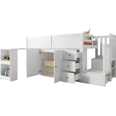 CHICFURN Cama alta infantil 90x200 cm de MDF blanco con escritorio extraíble, sin colchón (1/5)