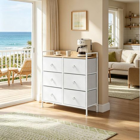 Commode 80/29/78 cm blanche avec 6 tiroirs en tissu et structure métallique (1/5)