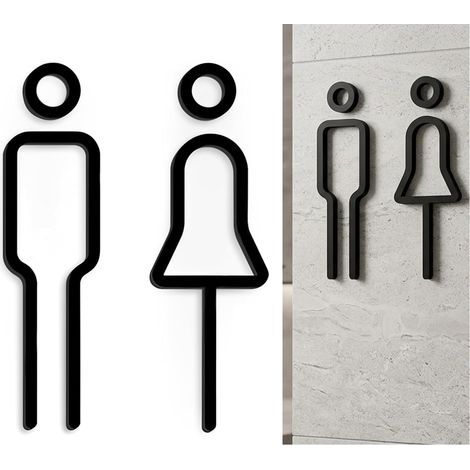 Plaque de porte de toilette, noire, moderne, autoadhésive, élégante, en acrylique, avec symbole homme et femme, pour salle de bain d'invités, pour homme et femme (1/5)