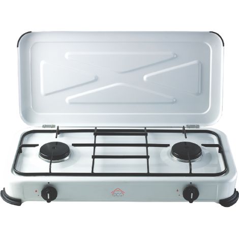 Cuisinie're a' gaz en acier 2 feux avec gril puissance 2,6 kW consommation 70-100g/h 59x29x9,5 cm avec couvercle