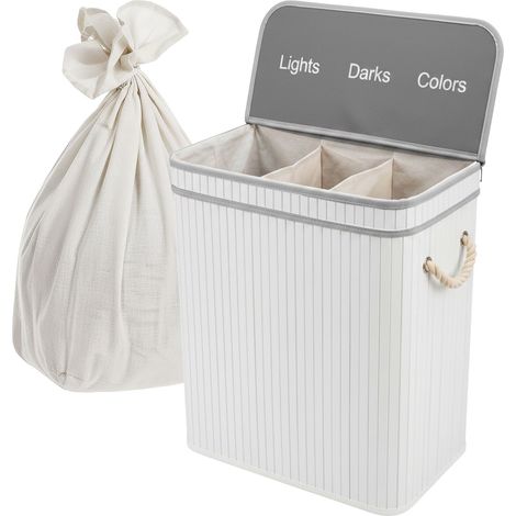 Relaxdays Wäschekorb mit Deckel, 3 Fächer, Bambus, 105 l, faltbar, HxBxT: 63 x 52 x 32 cm, Wäsche Sortiersystem, weiß