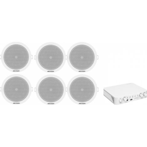 Kit Audio Filodiffusione Hikvision con Amplificatore 60W 100V BT USB MIC e 6 Altoparlanti da Incasso 6W 93dB