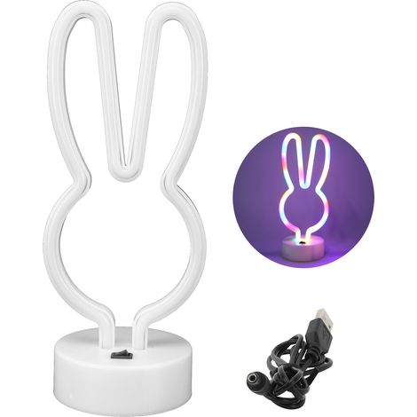 Lampe de chevet LED néon colorée en forme de lapin, idéale pour la décoration de fêtes d'anniversaire. Alimentation USB/piles.