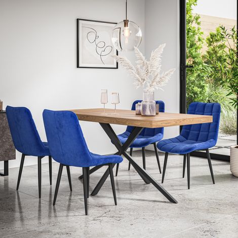 Donni Dining Table And Chairs - Oak Effect Table Top w Black Legs + Nova Velvet Dining Chair Set Of 4 (Blue)