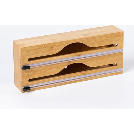 Distributeur de Film Alimentaire en Bambou, 2 Rouleaux avec Coupeur Intégré, 14 x 33 x 7 cm, Rangement Cuisine Écologique (1/5)