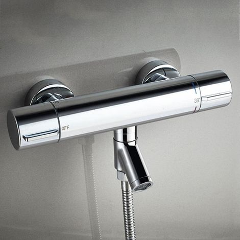 Robinet de douche thermostatique 38 °C, noir, thermostatique pour baignoire et douche, robinet de douche à deux sorties G1/2", en laiton chromé. (1/5)