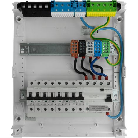 Tableau électrique modulaire en saillie 2x12 équipé de 8 disjoncteurs MCB et 1 interrupteur différentiel RCCB VDE câblé coffret Hager 370x305x96.5 mm bornes de répartition L1 L2 L3 N PE Doktorvolt DV- (1/5)