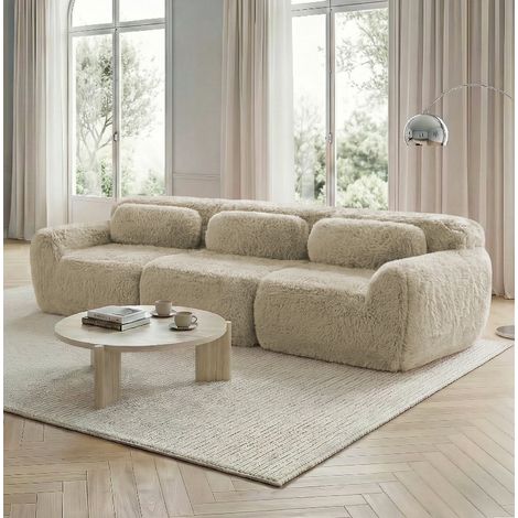 Sofá modular bajo de 3 plazas en tejido suave beige claro, sin montaje, con cojines (1/5)