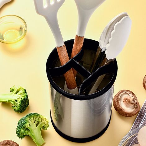 Porta posate girevole in acciaio inox, organizer per utensili da cucina, Geschikt voor chopsticks and spoons, design compatto. (1/4)