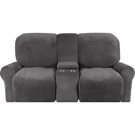 Soft stretch jacquard recliner chair cover with cup holder holes, machine washable furniture protector (2-seater, grey) (1/5)