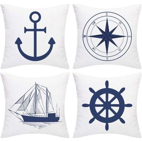 Set mit 4 nautischen Kissenbezügen – Ankermotiv – Navigation – Kompass – 45 x 45 cm – Marine-Stil – Weiß und Blau (1/5)