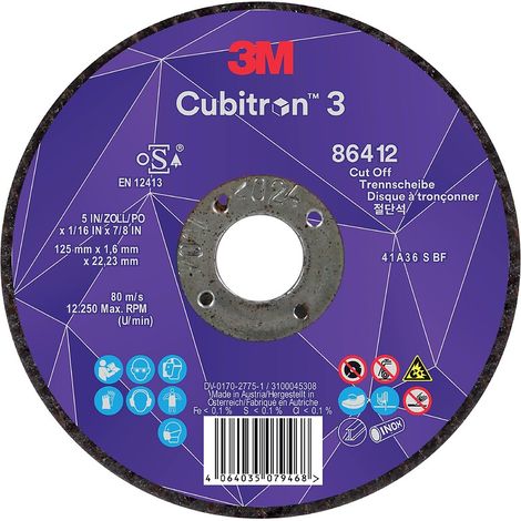 Disque à tronçonner 3M Cubitron™ 3. grain 36+. Ø125 mm x 1.6 mm x 22.23 mm. boîte de 25 - 3M FRANCE