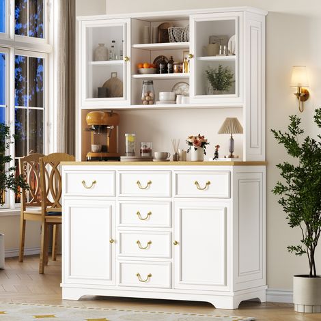 Buffet haut avec ports USB et prises, meuble de rangement avec barre lumineuse LED, meuble de cuisine avec portes de casier à snacks, console, poubelle intégrable, blanc (1/5)