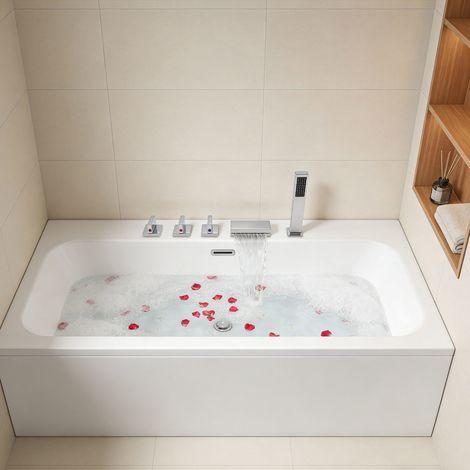 Robinet de Baignoire 5 trous Cascade Ensemble de Douche Robinet Robinet de Baignoire Trois Poignées Bec Cascade et Duchette Baignoire Avec Douchette Extractible Et Trois Poignées