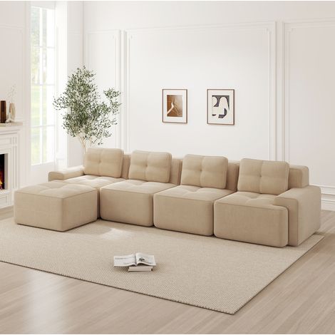 REDOM - Sofá modular de esquinero 4 plazas, asiento profundo, confort nube, base antideslizante, pana beige (1/5)