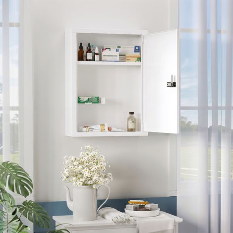 Armoire à pharmacie murale, meuble de salle de bain avec serrure à combinaison, porte et compartiments de rangement, blanche (1/5)