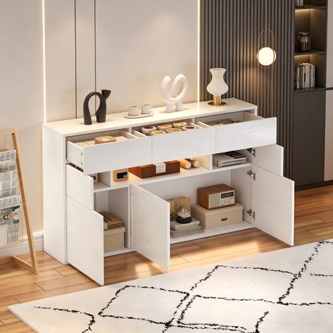 Meuble TV 140x30x82cm, buffet blanc avec éclairage LED, 3 tiroirs et 5 portes, commode haute brillance en MDF, rangement salon (1/5)