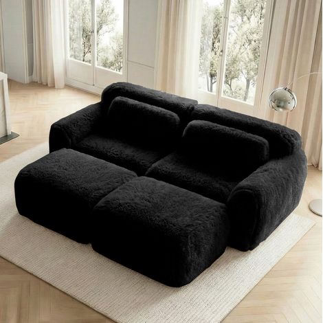 Divano modulare in tessuto peluche nero con 2 pouf, senza montaggio, 204 x 179 x 73 cm (1/5)