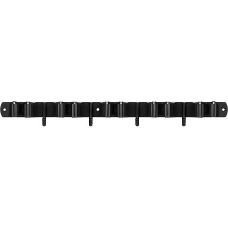 Wall-mounted broom rack – 5 supports + 4 hooks (black) – pre-drilled or adhesive – for bathroom/garage/kitchen (1/5)