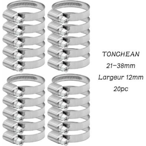 Collier de Serrage Tuyau Réglable 21-38mm Gamme en Acier Inoxydable 304 Assortiment Tuyau Pinces Clips pour Famille Tuyau D'eau, Home Gaz, Tube D'automobiles, Robinet 20 Pièces (12mm)