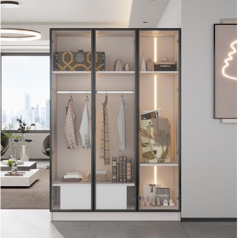 Armadio in truciolare bianco con 3 ante in vetro, 1 cassetto, vano aperto, barra appendiabiti e LED 110x50x160 cm (1/5)