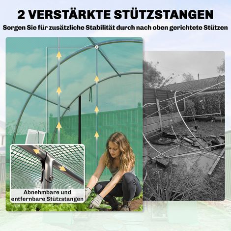 Serre de jardin 4x3x2m en aluminium sur roulettes, 2 portes zippées, 8 fenêtres grillagées, poteaux de renfort, couleur verte