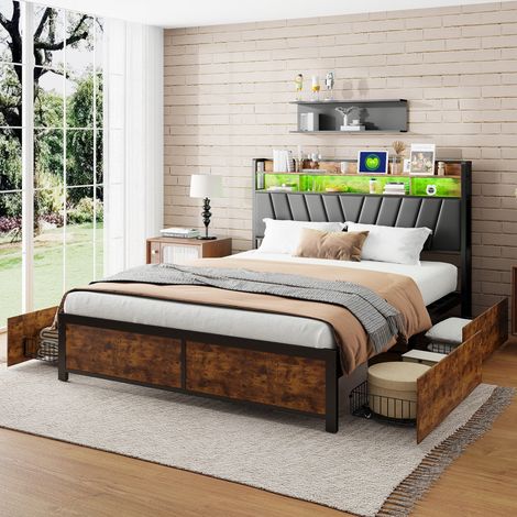 Lit Double Capitonné 180x200 cm-Tête de LED et 2 EU/USB/Type-C-Lit Rangement avec 4 Tiroirs-Lit Adulte-2/3 Personnes-Marron Noir (1/5)
