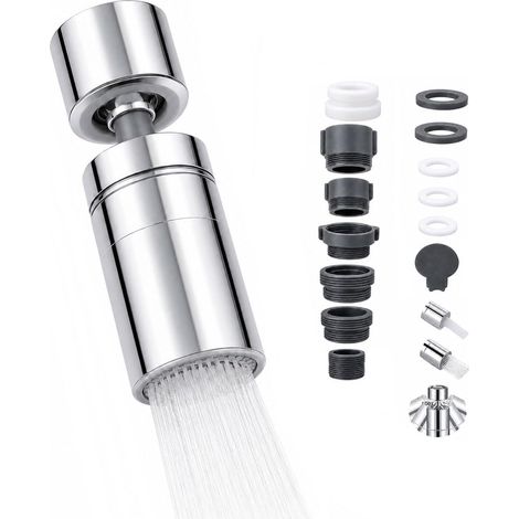 Aérateur de Robinet 360° Pivotant, Embout Robinet Cuisine avec 2 Modes de Jet, Mousseur Économie d'Eau Anti Éclaboussures, Accessoire Universel pour Évier Salle de Bain Lavabo avec Adaptateurs (1/5)