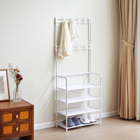 White Entryway 4 Tier Shoe Rack with Coat Hanger (1/5)