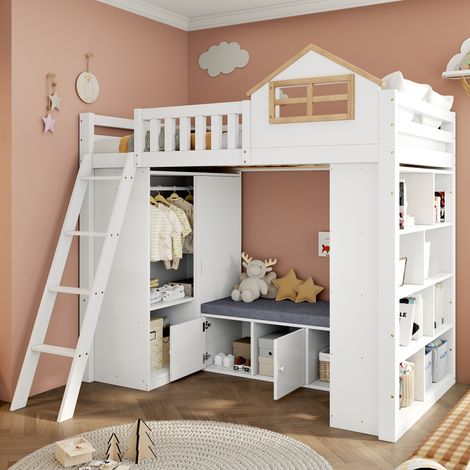 Lit cabine 90x200cm - maison + penderie + rangements + banc - bois - blanc et naturel (1/5)