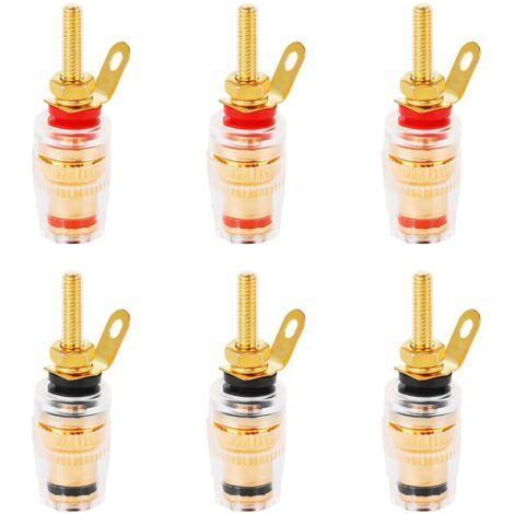 Borniers audio Jubaopen, lot de 6 borniers pour haut-parleurs, connecteurs audio plaqués cuivre pour jacks 4 mm, fiches bananes, prises bananes avec coque transparente, 3 noirs + 3 rouges (1/5)