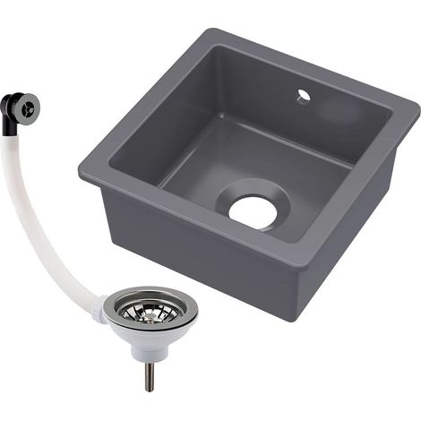 Balterley Dark Grey Fireclay Ceramic Single Bowl Square Undermount Kitchen Sink with Overflow and Brushed Nickel Waste, 457mm