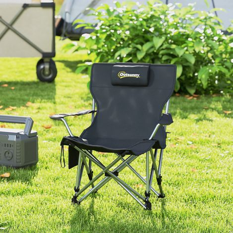 Chaise de camping pliante et inclinable avec repose-pieds, appui-tĂŞte et porte-gobelet amovibles, noire (1/5)