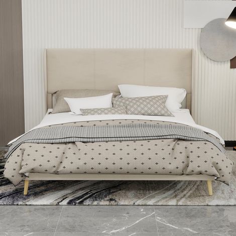 Lit moderne minimaliste capitonné avec tête de lit en peluche, 160x200 cm, beige, meuble de chambre multifonctionnel, sommier bas sans rangement (sans vérin à gaz), matelas non inclus.