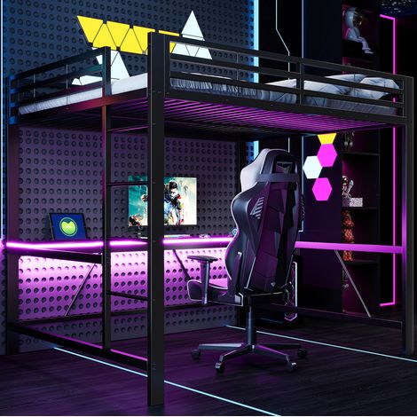 Gaming-Hochbett 160x200 cm Metall/MDF schwarz mit Schreibtisch, LED, ohne Matratze – MEUBLIV (1/5)
