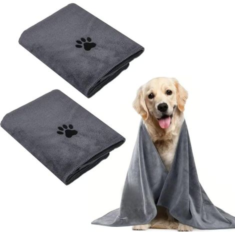2 Pièces Serviette Chien 100 x 50 CM, Serviette pour Chien Doux Séchage Rapide Microfibre, Serviete Chien Super Absorbante pour Animaux pour Chats, Chiens ou Autres Animaux, Gris (1/5)
