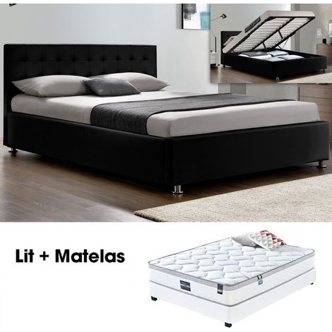 MEUBLER DESIGN Lit Complet Capitole + Matelas Romance 160 Noir, Polyuréthane, Style Contemporain, 213 x 171 x 90.5 cm (1/3)