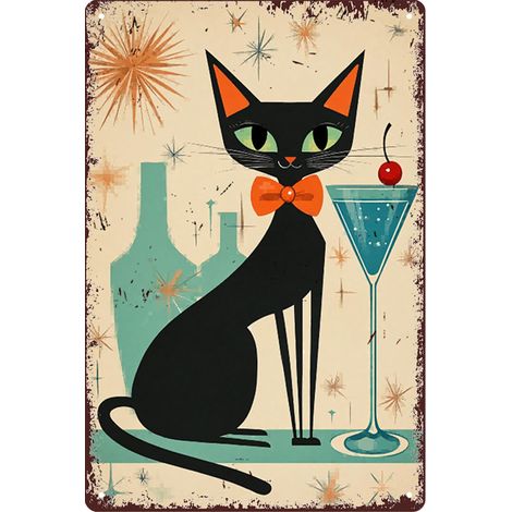 Plaque en métal amusante et rétro - Motif animal vintage - Décoration murale - Pour cuisine, pub, club, salon, restaurant, magasin, bureau - 20 x 30 cm (Chat 02) (1/5)