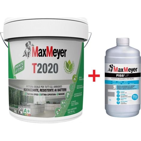 set pittura murale traspirante max meyer "t2020" bianco 14 lt e fissativo isolante max meyer "fiss'up" trasparente 1 lt