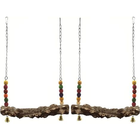 Set of 2 Swings, Natural Wood, Metal, 45cm Stainless Steel Chain, Non-Slip Perch, For Chickens and Parrots (1/5)