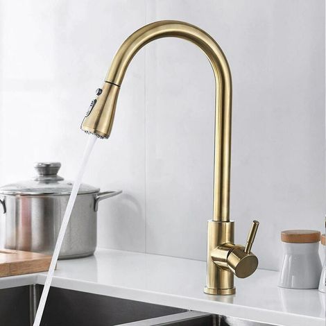 Grifo mezclador de cocina con cabezales de ducha extensibles, monomando, plato giratorio de 360°, cabezal de ducha ajustable. (1/5)