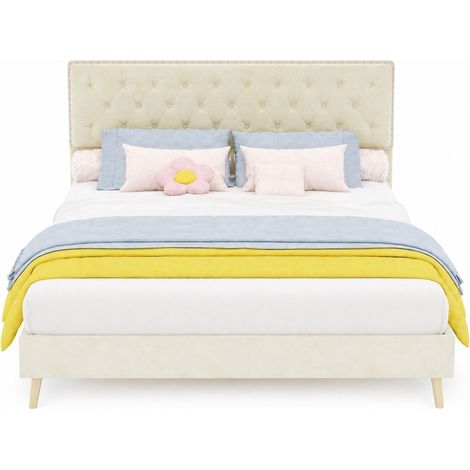 Letto matrimoniale 160x200 cm in tessuto beige, testiera alta, senza materasso - CHICFURN (1/5)