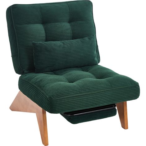 Sillón relax reclinable de pana verde oscuro con reposapiés, cojín lumbar y patas de madera (1/5)