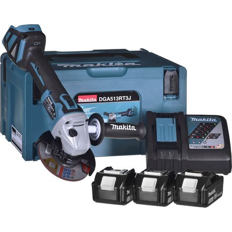 Makita DGA513RT3J - Amoladora angular inalámbrica (18 V, incluye cargador rápido DC18RC, 3 baterías de 5,0 Ah, en MAKPAC tamaño 3)