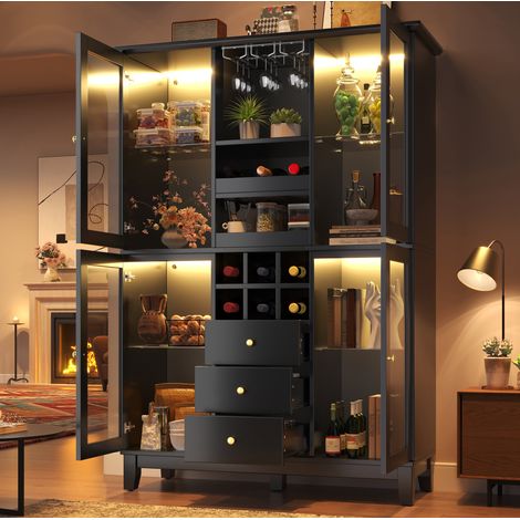 Armario para vino 120x40x180.5 cm negro en MDF con LED RGB, 3 cajones y soportes para copas y botellas (1/5)