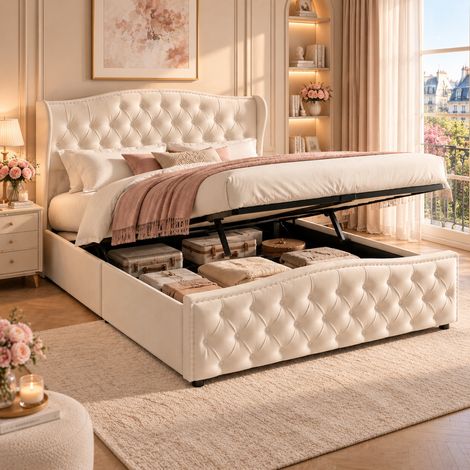 Lit coffre 140x200 cm avec sommier, lit double rembourré avec rangement hydraulique, lit 140x200 capitonné avec tête de lit cloutée design moderne confortable, velours beige