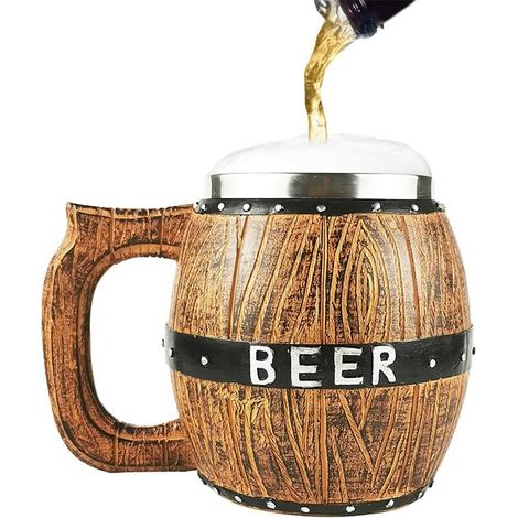 royaluxe - Chope à Bière en Bois, Tasse Bière en Bois Naturel Rétro Grande Capacité 580 ML, Tonneaux en Bois en Acier Inoxydable Cadeaux de Bière Idées de Cadeau Accessoires pour Hommes (1/5)