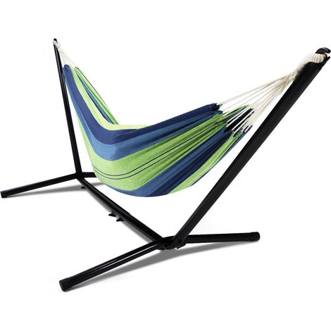 Idmarket – Hamac sur pied avec support métal noir – Toile rayée 200x150cm – Charge max 120kg – 22 cordes de suspension pour stabilité